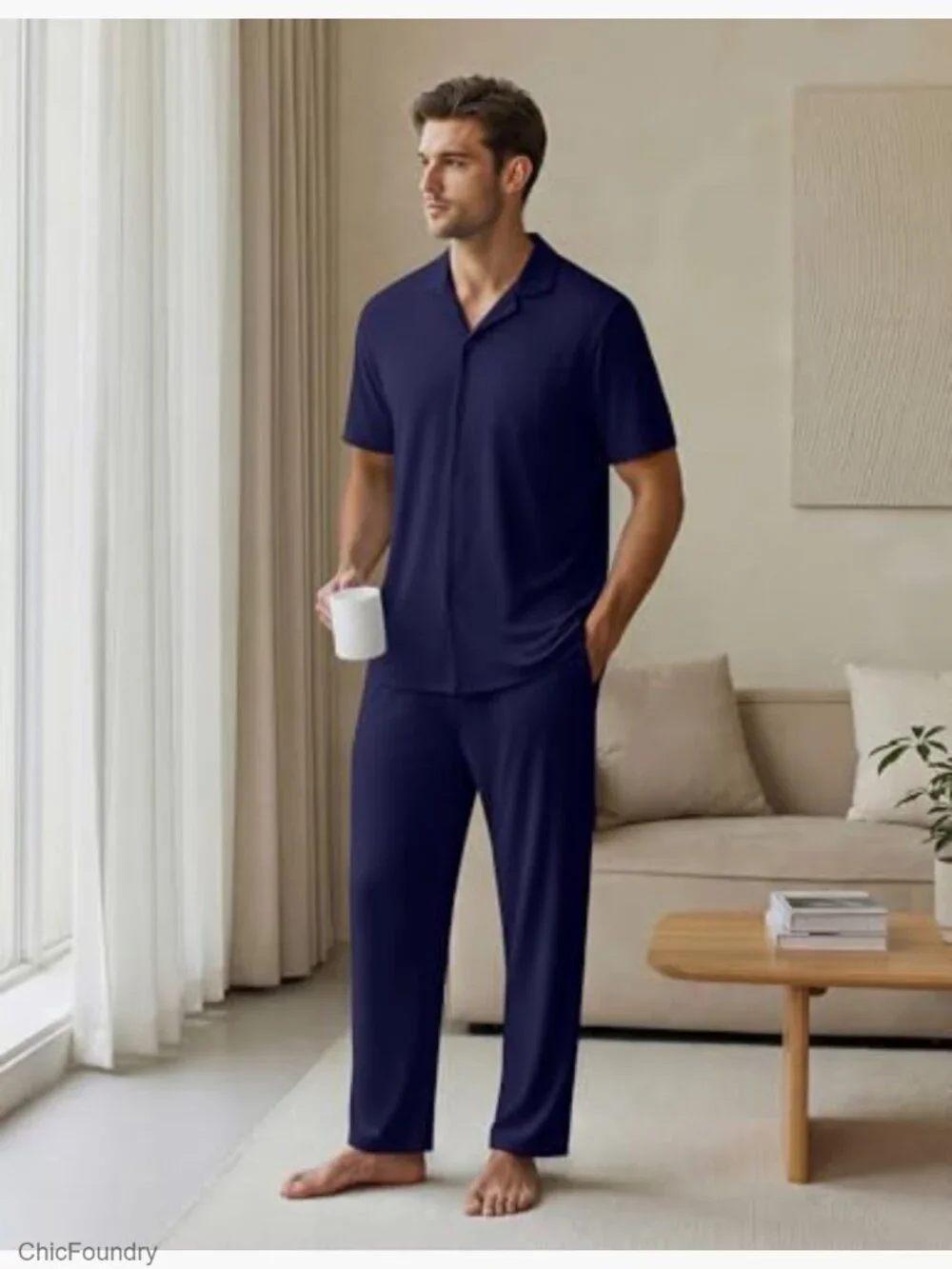 Mens Pajama Set Short Sleeve Button Down Sleepwear Long Pant Lounge Set with